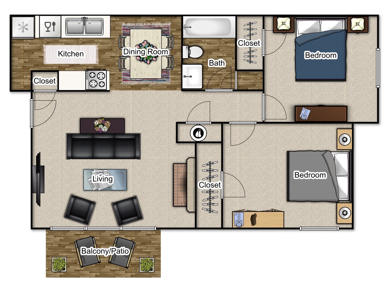 Two Bedroom One Bathroom Floor Plan 3